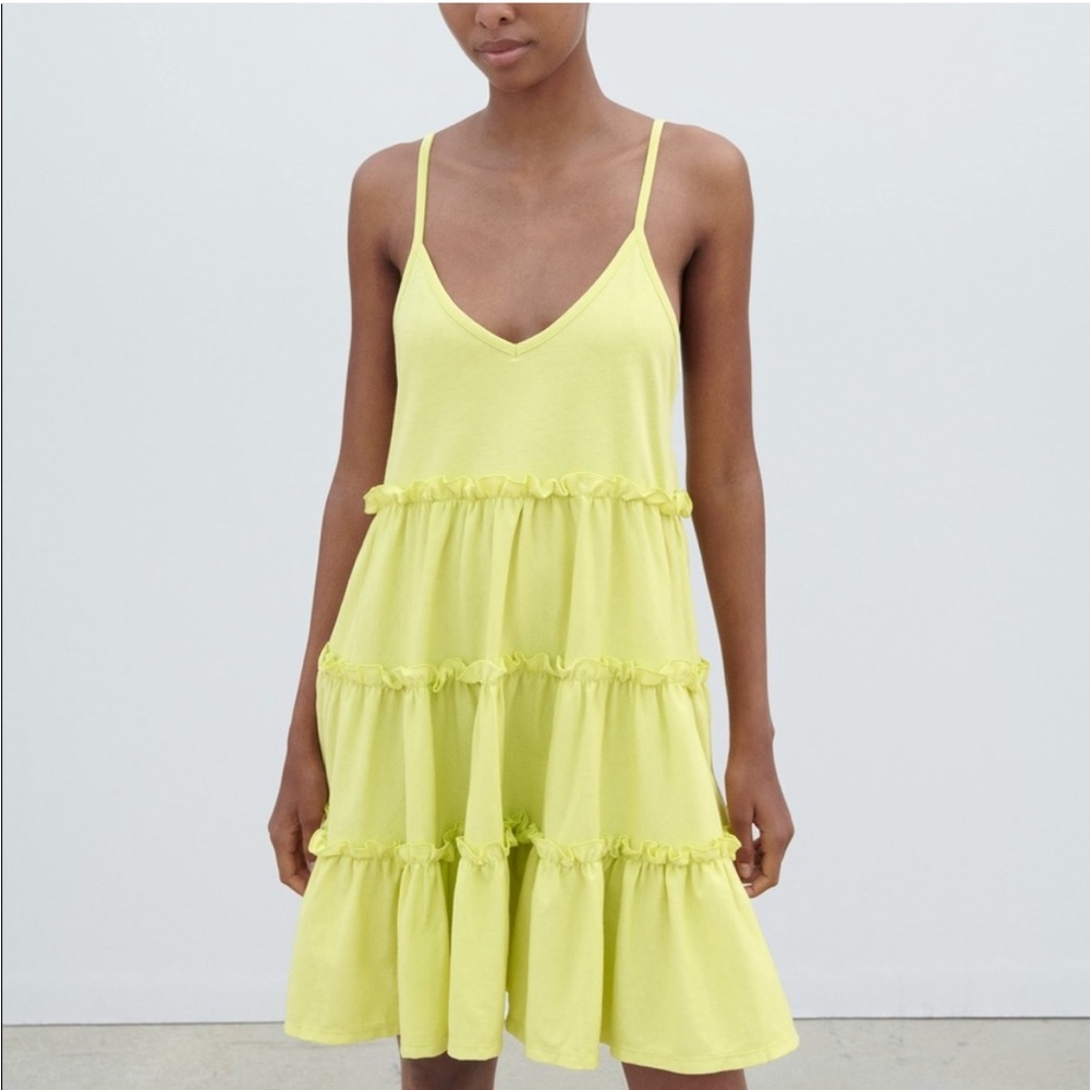 Zara Tiered Mini Dress Lime Green Small